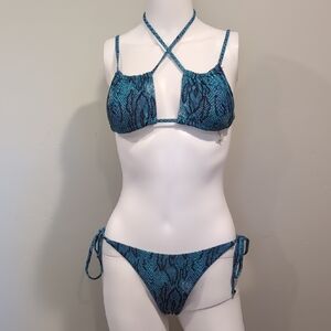 Zaful Teal Blue And Black Strappy Tie Top And Bottoms Bikini Set Size Small 4